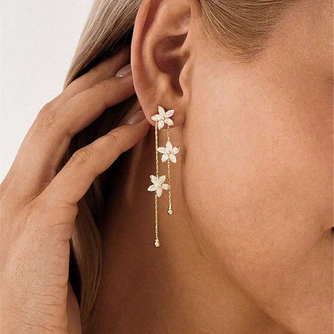 Three Diamond Flower Double Layer Tassel Stud Earrings, Floral Long Drop Gold Dainty Fairy Dangle Jewelry