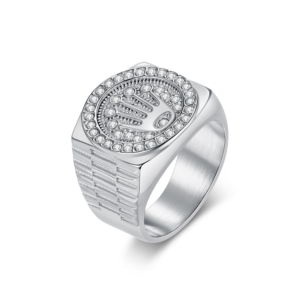 Hamsa Hand Paved Diamnd Vintage Wide Signet Ring, S925 Silver Gold & Silver Two Tone Hip Hop Men’s Band