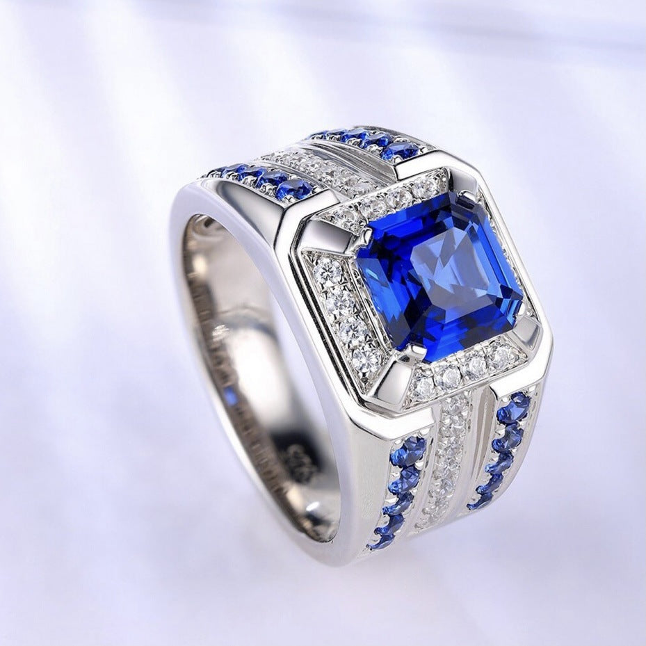 Square‑Cut Three‑Row Pave Wide‑Band Men’s Ring, Two‑Color Options