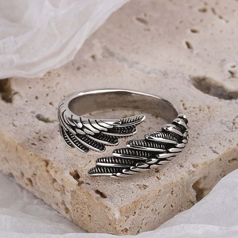Vintage 3D Wing Open Ring, Four Tones Angel Wing Adjustable Unisex Trend Statement Band