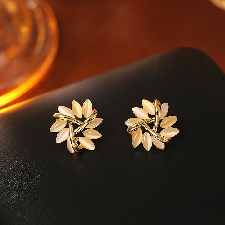 Gold Interwoven Cat's Eye Stone Flower S925 Silver Stud Earrings