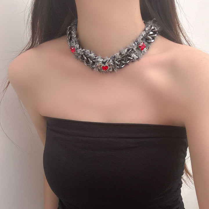 Red Diamond Heart Fur Chain Choker (Dark Sweet-Cool Hot Girl Style)
