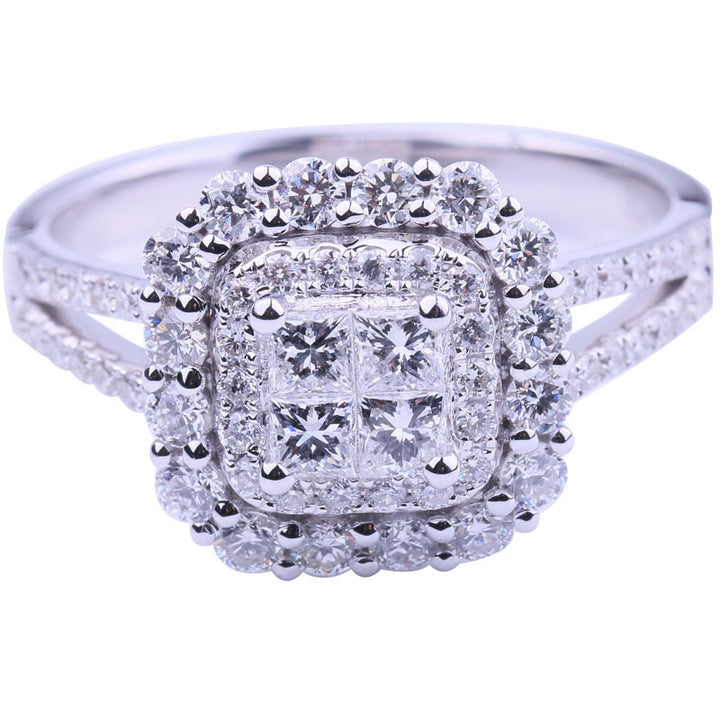 Emerald Cut Halo Paved Ring, Gold & Silver Luxury Double Shank Engagement Wedding Band for Women