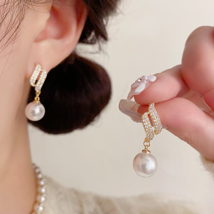 Gold Twisted Paved Diamond Pearl Drop S925 Silver Earrings, Elegant Luxury Long Pearl Dangle Earrings