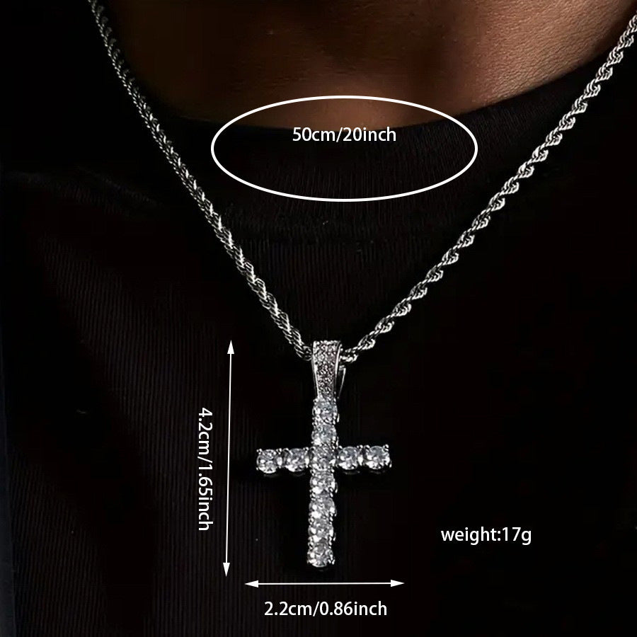 Men's Iced Out Jewelry 4-Piece Set, Hip Hop Diamond Watch with Calendar + Cuban Bracelet + Cross Pendant Necklace Gift Set