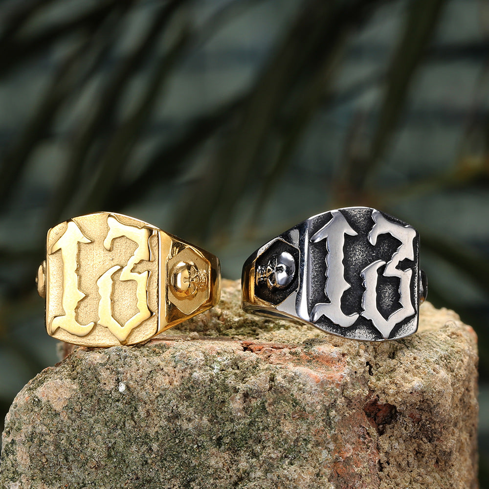 Vintage Number 13 Skull Signet Ring, S925 Silver Antiqued Punk Biker Statement Band For Men