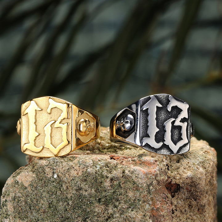 Vintage Number 13 Skull Signet Ring, S925 Silver Antiqued Punk Biker Statement Band For Men