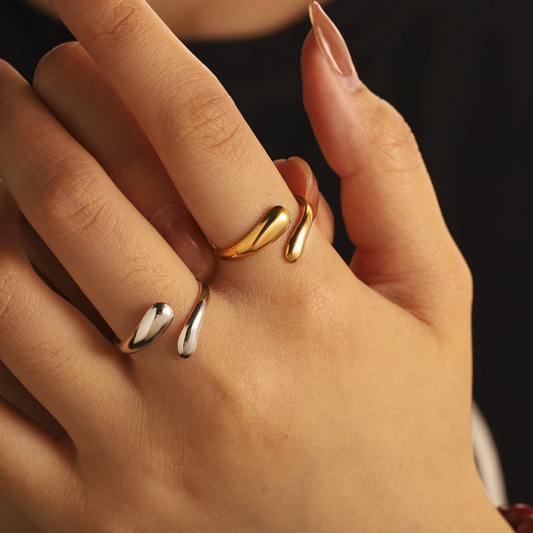 Minimal Double Teardrop Open Silver Ring, Gold & Silver Premium Irregular Adjustable Band