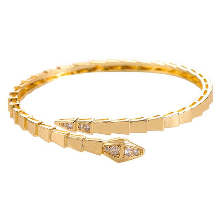 Segmented Snake Diamond Open Bangle, Gold Silver Rose Gold Paved Rhinestone Serpent Cuff Bracelet