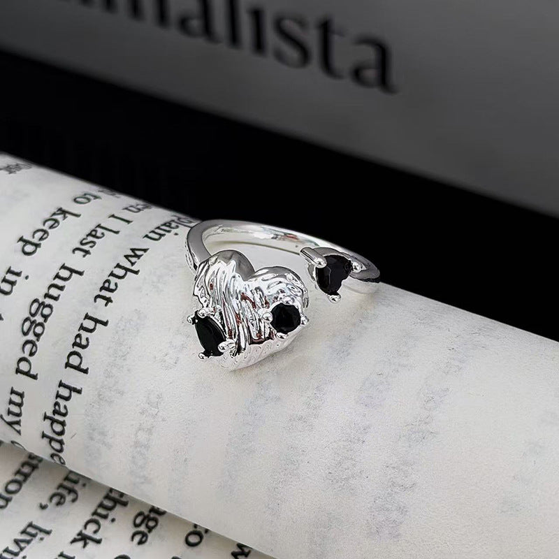 Dark Style Black Diamond Bat & Twisted Heart Open Rings, S925 Silver Alternative Adjustable Two-Style Band Set