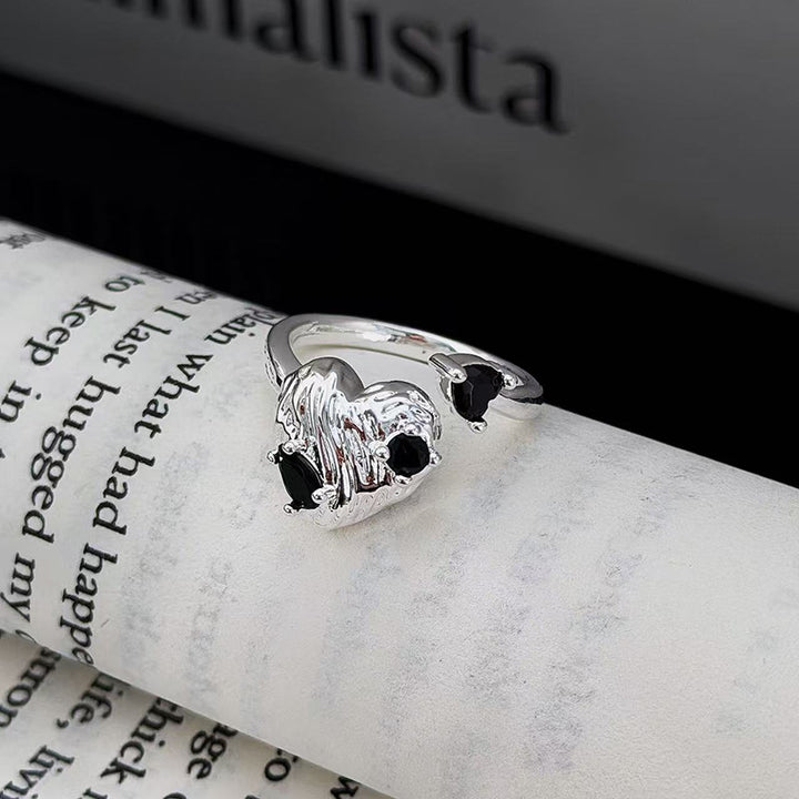 Dark Style Black Diamond Bat & Twisted Heart Open Rings, S925 Silver Alternative Adjustable Two-Style Band Set