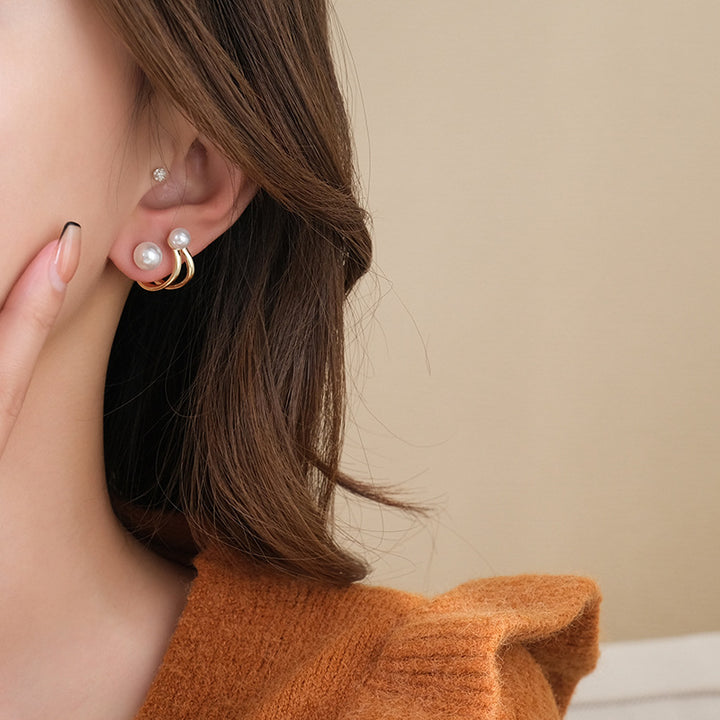 S925 Silver Double Bead Double Hoop Stud Earrings, Minimalist Luxury Geometric Earrings with Big & Small Round Beads, White & Red Bead Two Color Options