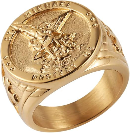St. Michael Archangel Dragon Slayer Embossed Round Signet Ring, S925 Silver Silver & Gold Two-Tone Vintage Religious Men’s Band