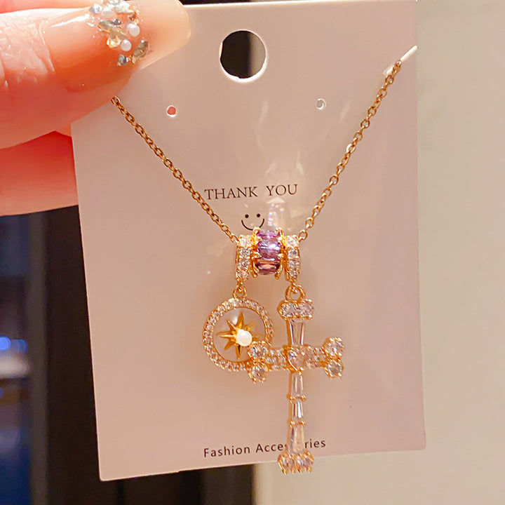 Vintage Eight-pointed Star & Multi-stone Cross Pendant Necklace, Luxury Diamond Faith Jewelry