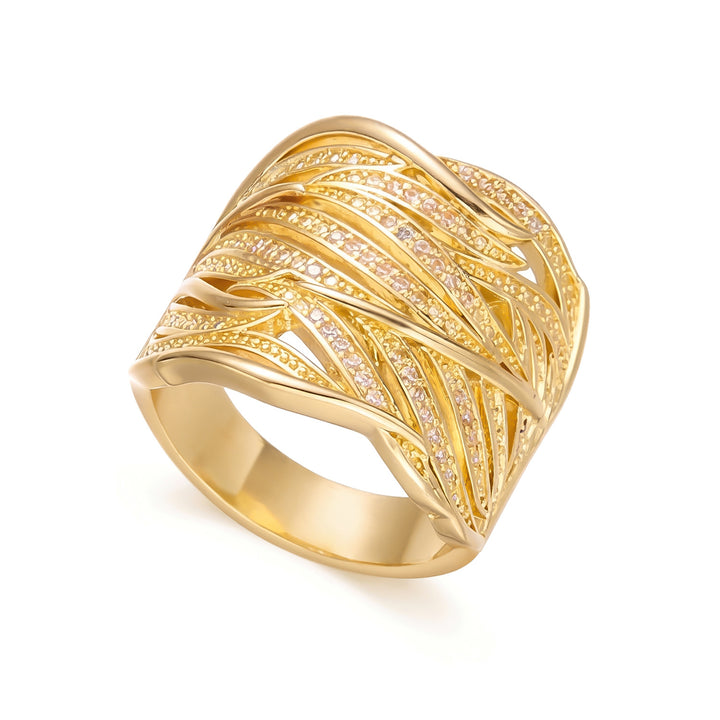 Interlaced Leaf Pave Diamond Wide Ring, Gold Sculpted Palm Leaf Hollow Statement Band For Women