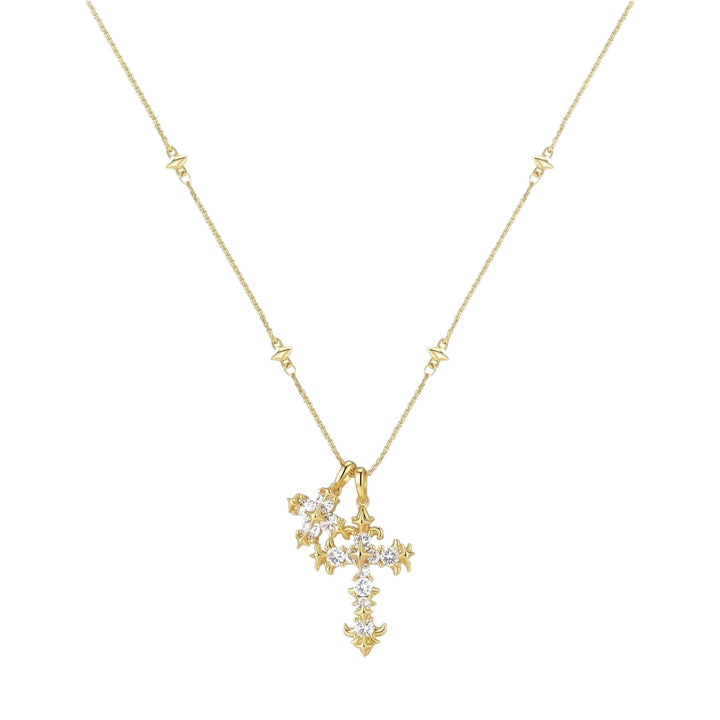 Vintage Double Cross Diamond Necklace, S925 Sterling Silver Gothic Twin Cross Pendant, Gold & Silver Two-Tone Unique Clavicle Chain