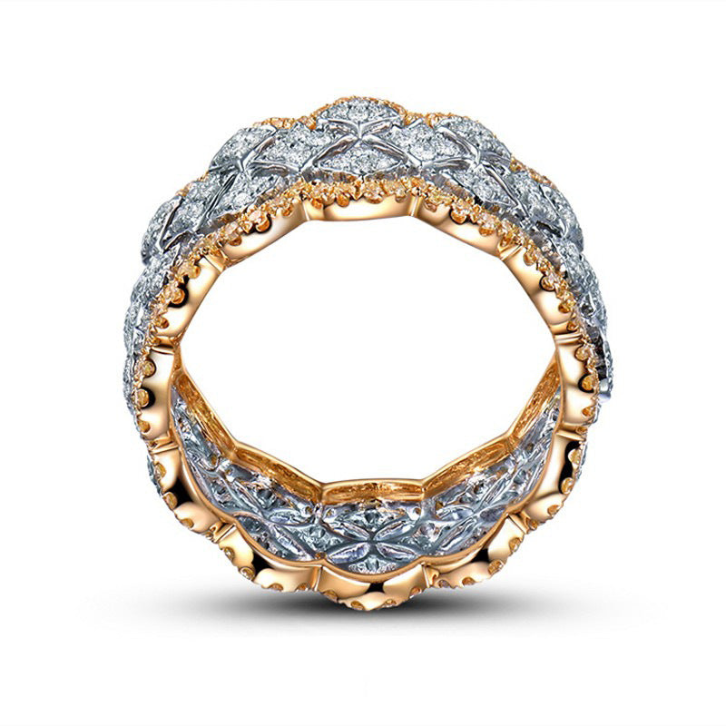 Two-Tone Window Filigree Wide Ring, Vintage Royal Diamond Carved Band For Women, S925 Silver Base