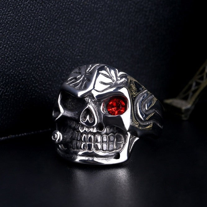 One-Eyed Gem Bullet Skull Ring, S925 Silver Antiqued Biker Statement Band For Men