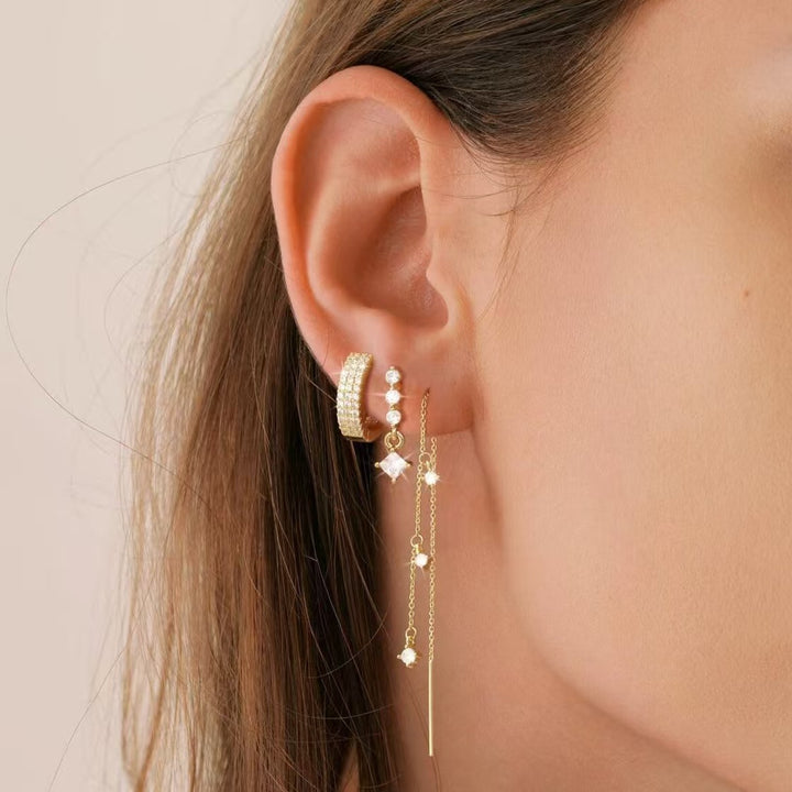 Luxury 3-Piece Diamond Earring Set, Paved Wide Hoops + Linear Square Drop Studs + Multi-Stone Threader Earrings Gold & Silver Jewelry Kit