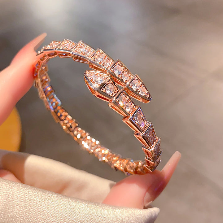 Segmented Snake Diamond Open Bangle, Gold Silver Rose Gold Paved Rhinestone Serpent Cuff Bracelet