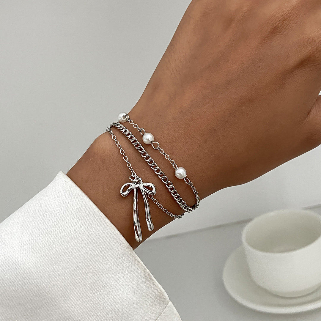 Layered Style Bow Pendant Bracelet Set