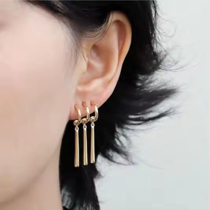 Three-Ring Textured Vertical Bar Tassel Drop Earrings, Solid S925 Silver Silver & Gold Two-Tone Minimalist Geometric Jewelry