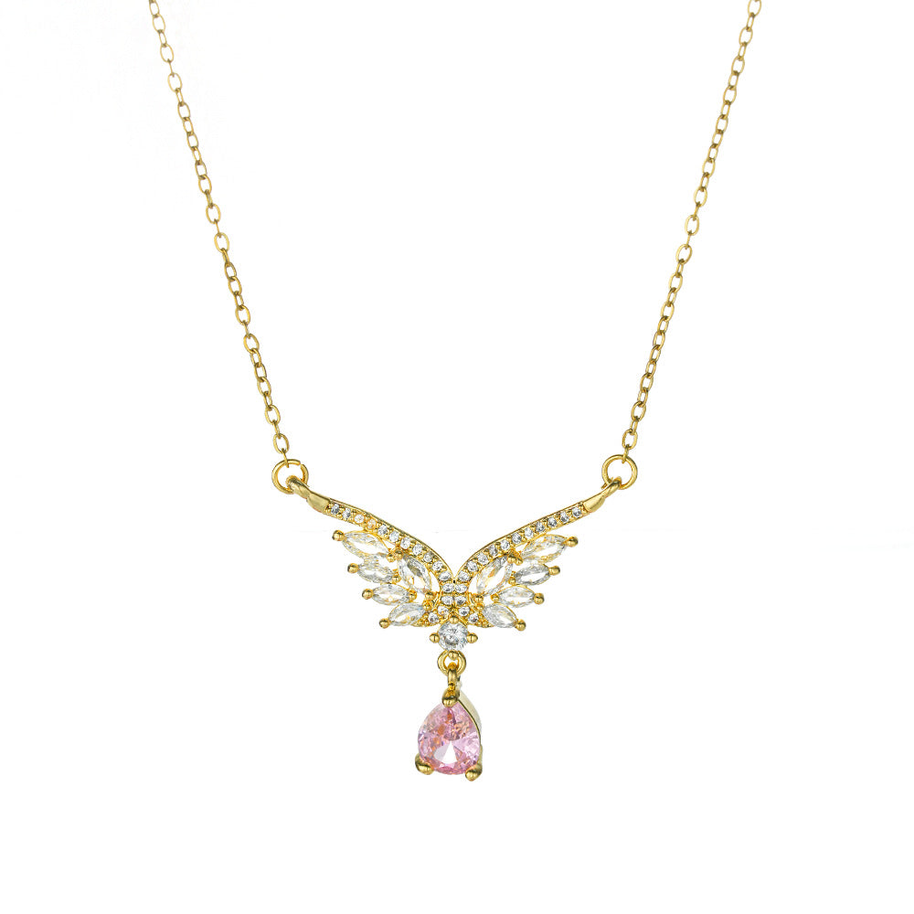Angel Wing Teardrop Diamond Collarbone Necklace, Multiple Wing Styles Pink & White Diamond 14K Gold Plated Dainty Ladies Necklace