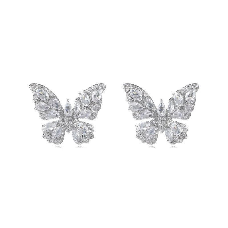 Full Diamond 3D Butterfly S925 Silver Stud Earrings