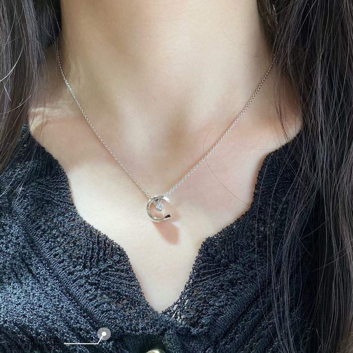 Quilted Crescent Single Diamond Collarbone Chain, S925 Silver Luxury Half-Moon Pendant Necklace, Gold & Silver Two Tones