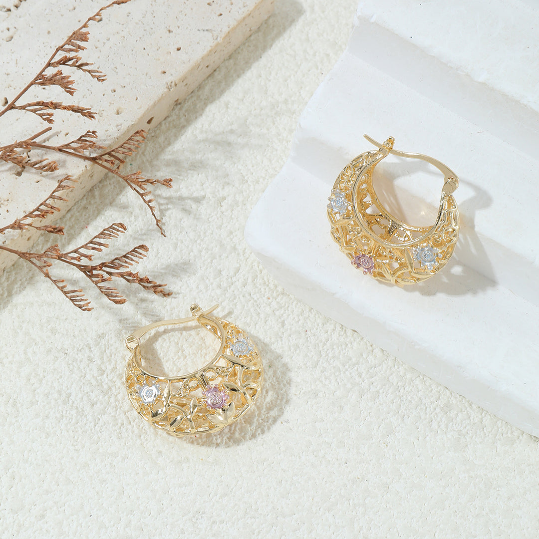 Tri-Tone Hollow Floral Leaf Hoop Earrings, Vintage Garden Style Two-Tone Leverback Earrings for Women