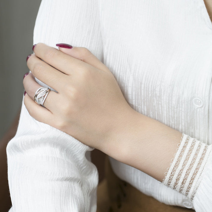 Two-Tone Intertwined Pave Diamond Wide Ring, S925 Silver Multi-Layer Crossing Statement Band For Women