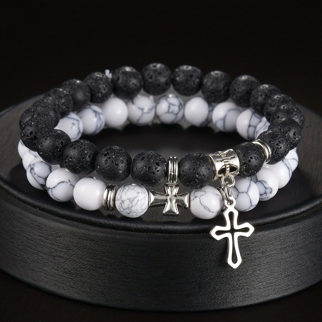 Black Lava Stone & White Turquoise Cross Couple Bracelets（1part/2 pcs）