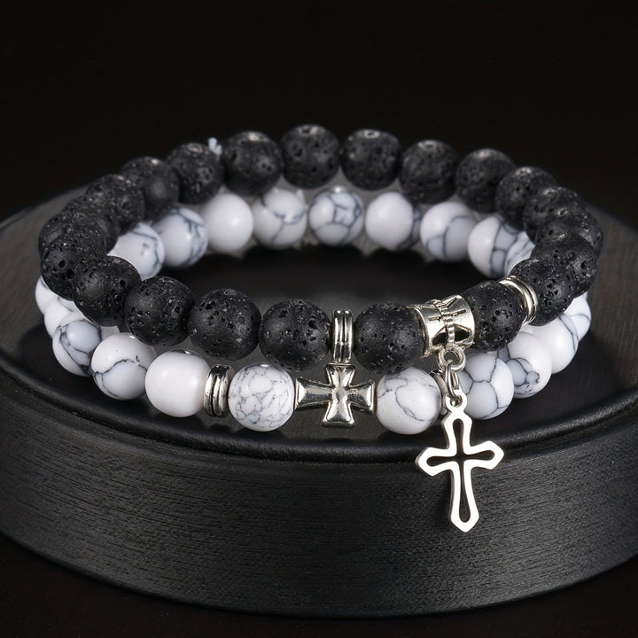 Black Lava Stone & White Turquoise Cross Couple Bracelets（1part/2 pcs）