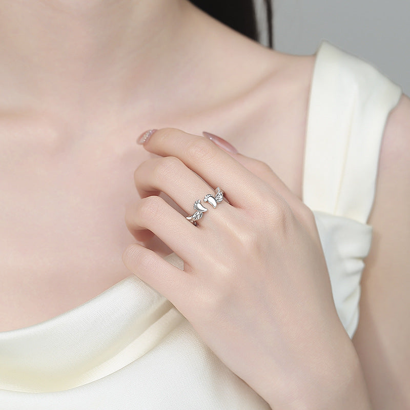 Mommy of an Angel Baby Footprint Wing Open Ring, S925 Silver Remembrance Memorial Band For Women