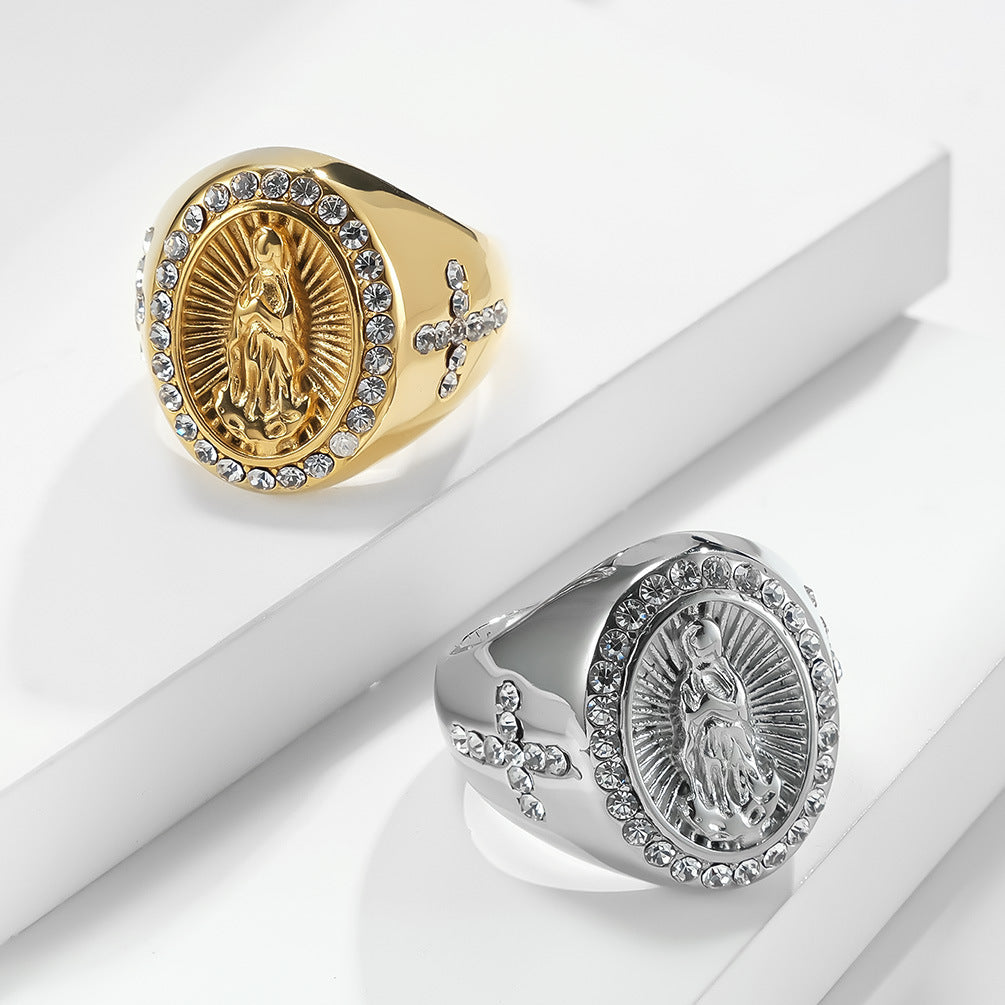 Our Lady of Guadalupe Diamond Oval Signet Ring, S925 Silver Gold & Silver Tone Catholic Prayer Wide Band