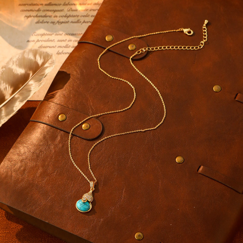 S925 Silver Gourd Gemstone Necklace, Luxury Full Diamond Fu Lu Pendant Turquoise & Tiger Eye Gold Clavicle Chain