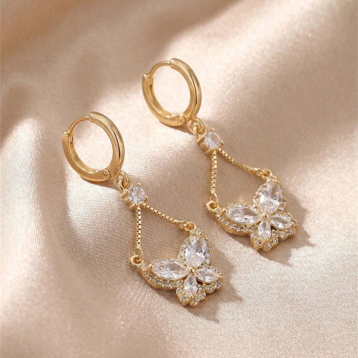 Gold Diamond Butterfly Long Drop Huggie Earrings, Luxury Dainty Chain Butterfly Earrings