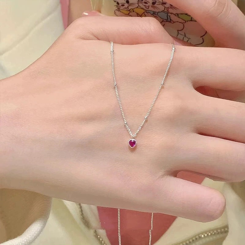 Vintage Distressed Red Heart Bezel Necklace, Silver Thin Curb Chain Sweet Cool Clavicle Chain