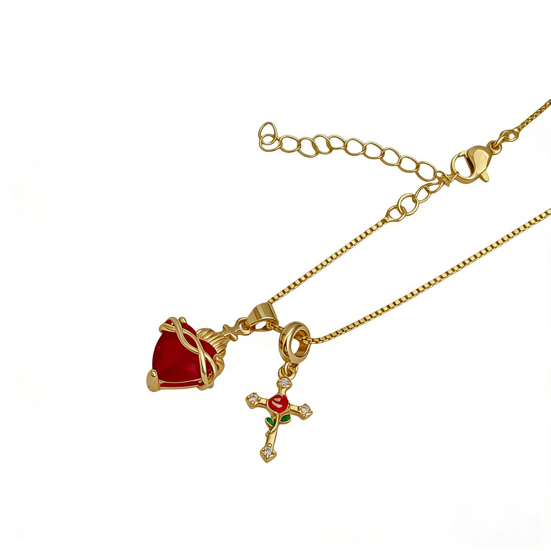 Sacred Heart Red Diamond & Rose Cross Combo Necklace, 3 Heart Styles Vintage Faith Choker
