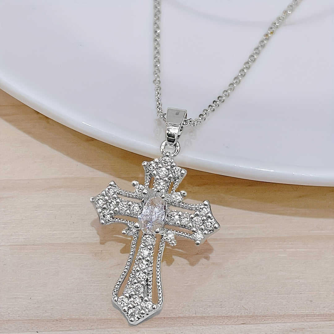 Titanium Steel 14K Gold Plated Colored Diamond Cross Necklace - European and American Luxury Full Diamond Cross Pendant Choker