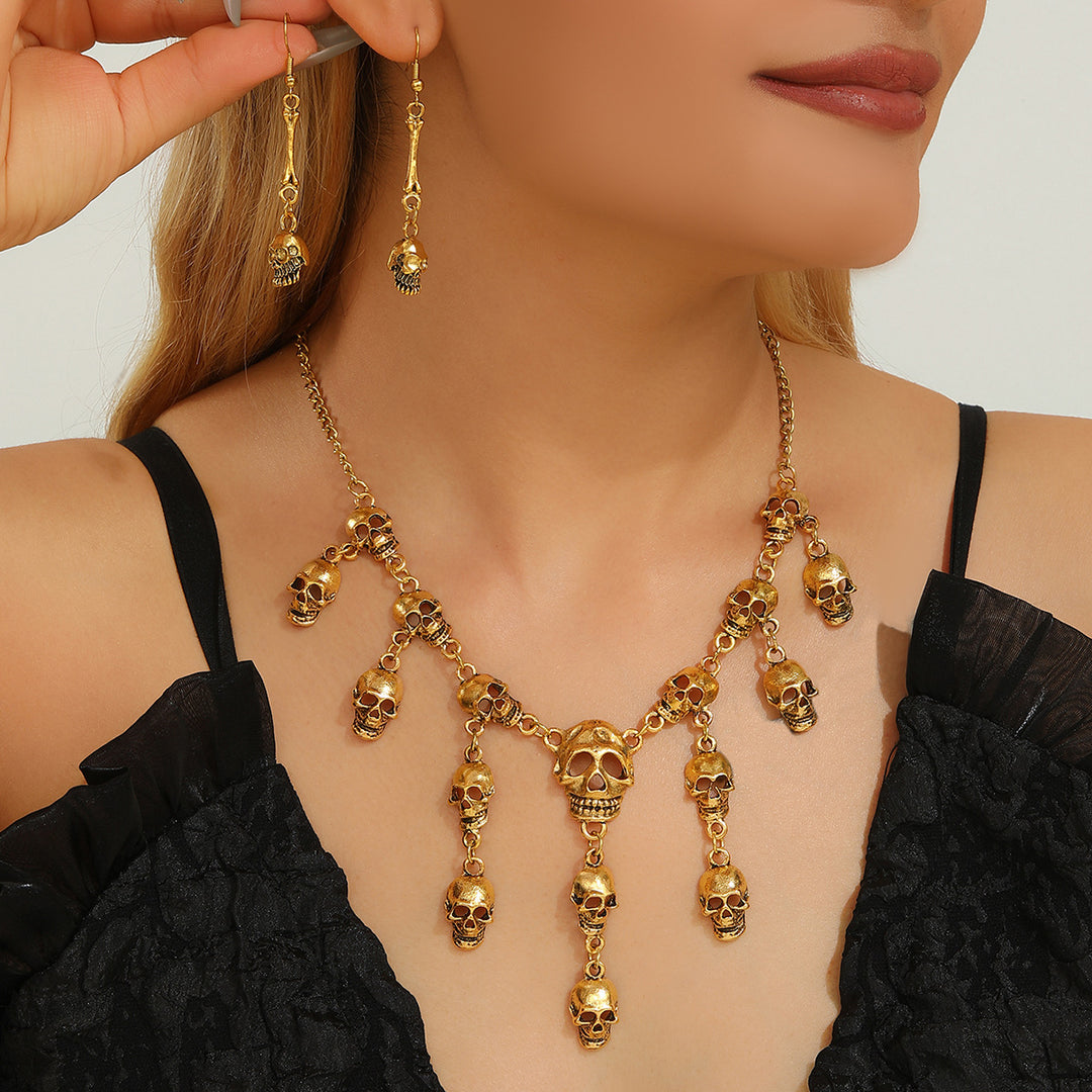 Halloween Exaggerated Skull Tassel Necklace & Earrings Set
