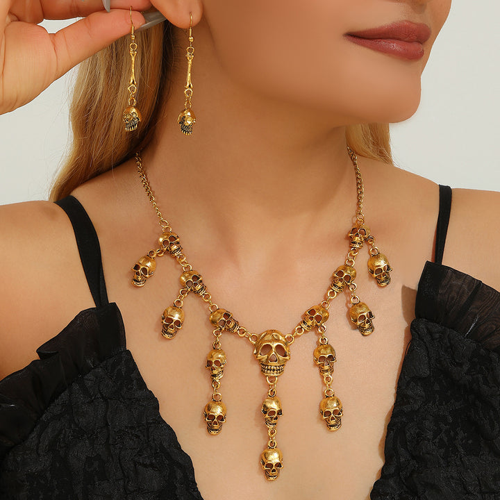 Halloween Exaggerated Skull Tassel Necklace & Earrings Set
