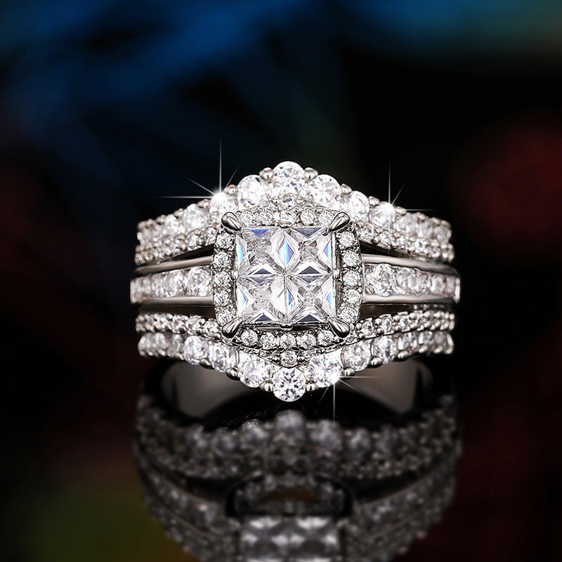 S925 Silver Double-Layer Cubic Zirconia Ring – Square Crown Design Two-in-One Sparkle Ring