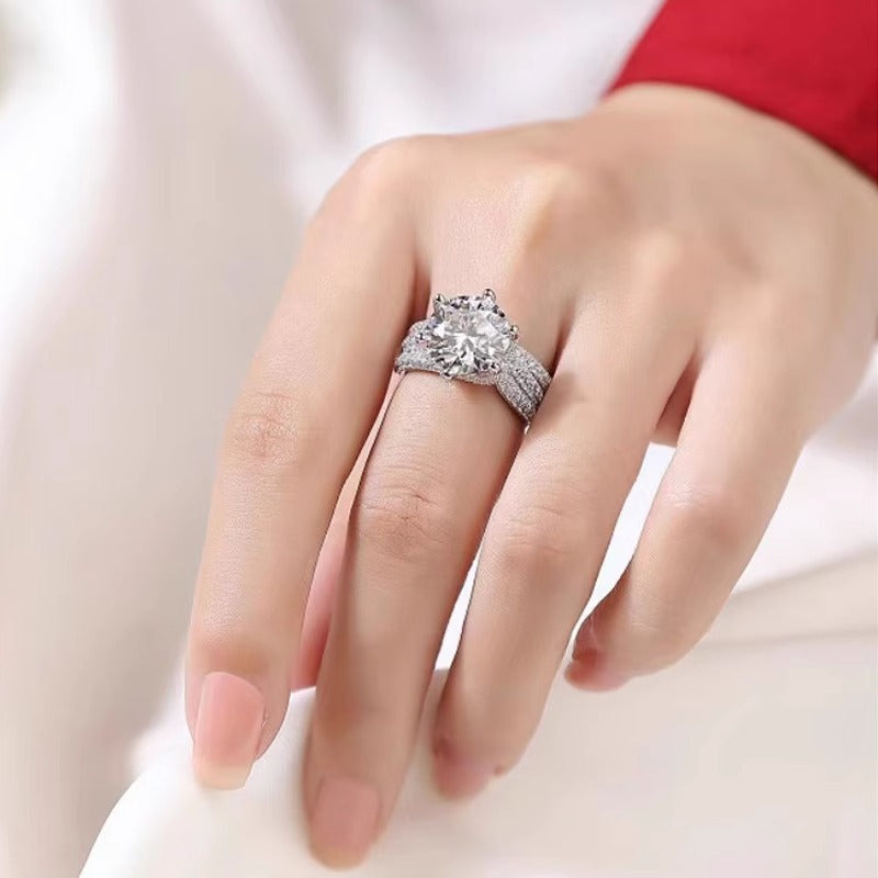 Six-Prong Center Stone Triple Row Pave Ring (Light Luxury Proposal & Engagement Band)