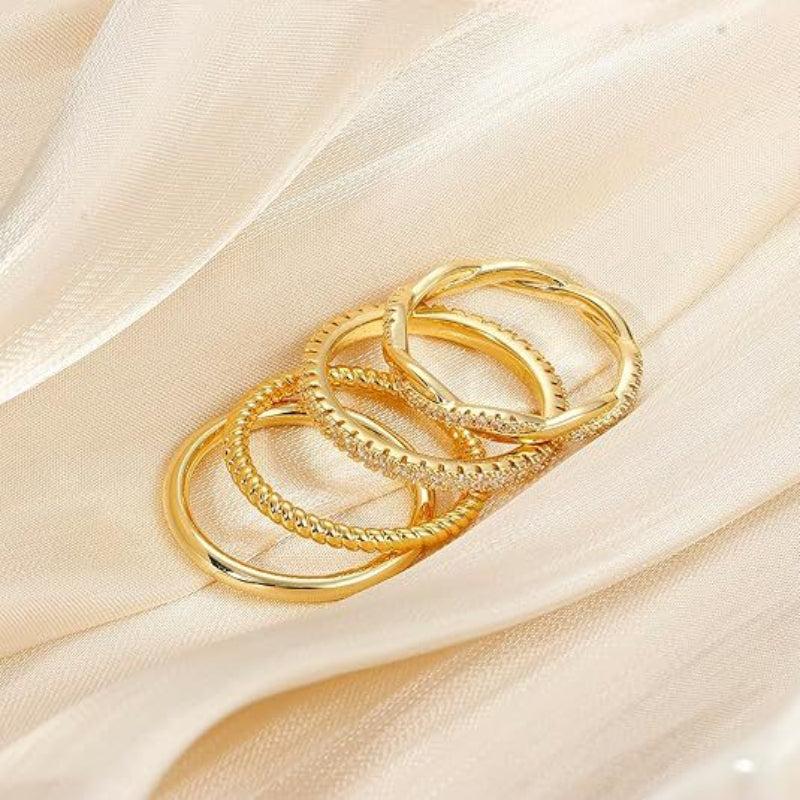 4Pcs Stackable Thin Band S925 Silver Ring Set, Twisted Rope & Paved Diamond Stacking Rings, Gold & Silver Tone