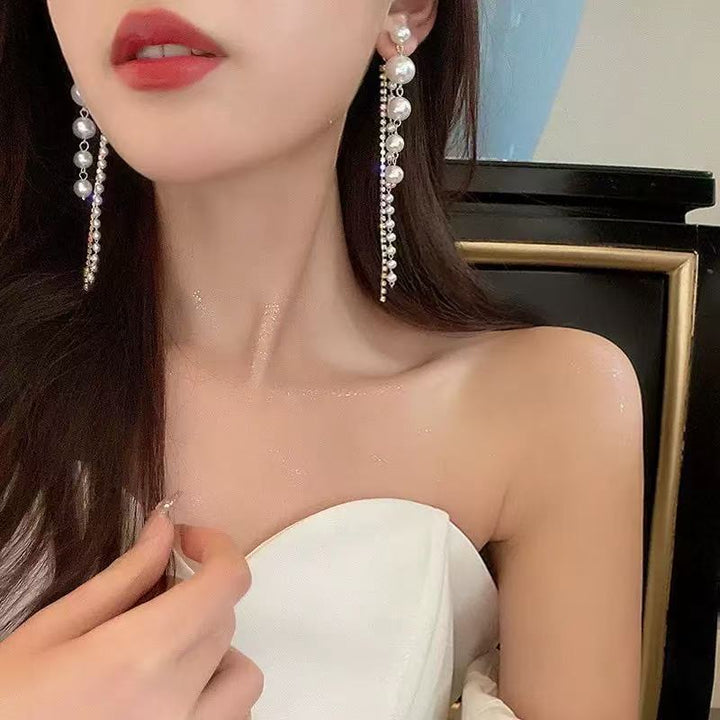 Gradient Natural Pearl Rhinestone Long Tassel Drop Earrings, S925 Sterling Silver Luxury Dainty Chain Women Earrings