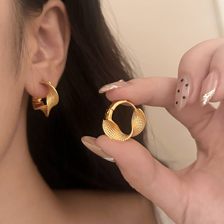 Textured Twisted Leaf Click Hoop Earrings, Gold & Silver Vintage Weave Texture Hoops