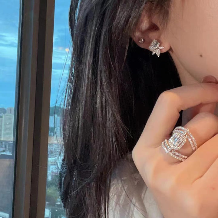 Luxury Double Layer Square Diamond Tassel Ring, European Heavy Paved Geometric Hollow Elegant Ring for Women