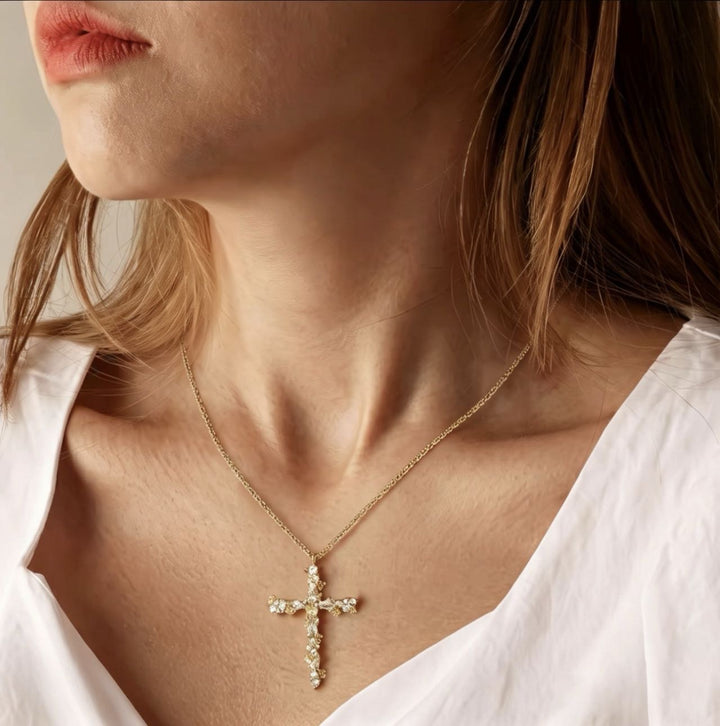 Floral‑Cluster Diamond Cross Pendant Necklace, Gold & Silver‑Tone Options