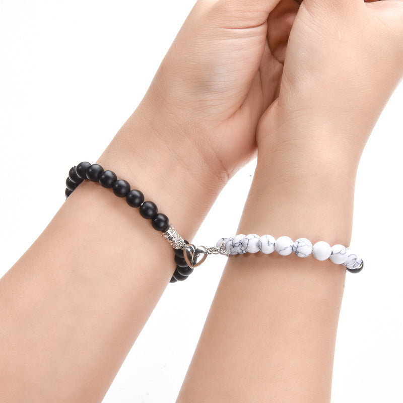 Magnetic Heart Couple Bracelets with Agate Beads – Purple Love Stone Gift Set